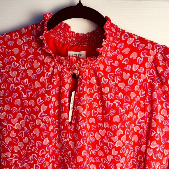 J.Crew Women’s Red Pink Heart Print Smocked Neck Feminine Blouse Size Small NWTD - Picture 5 of 10